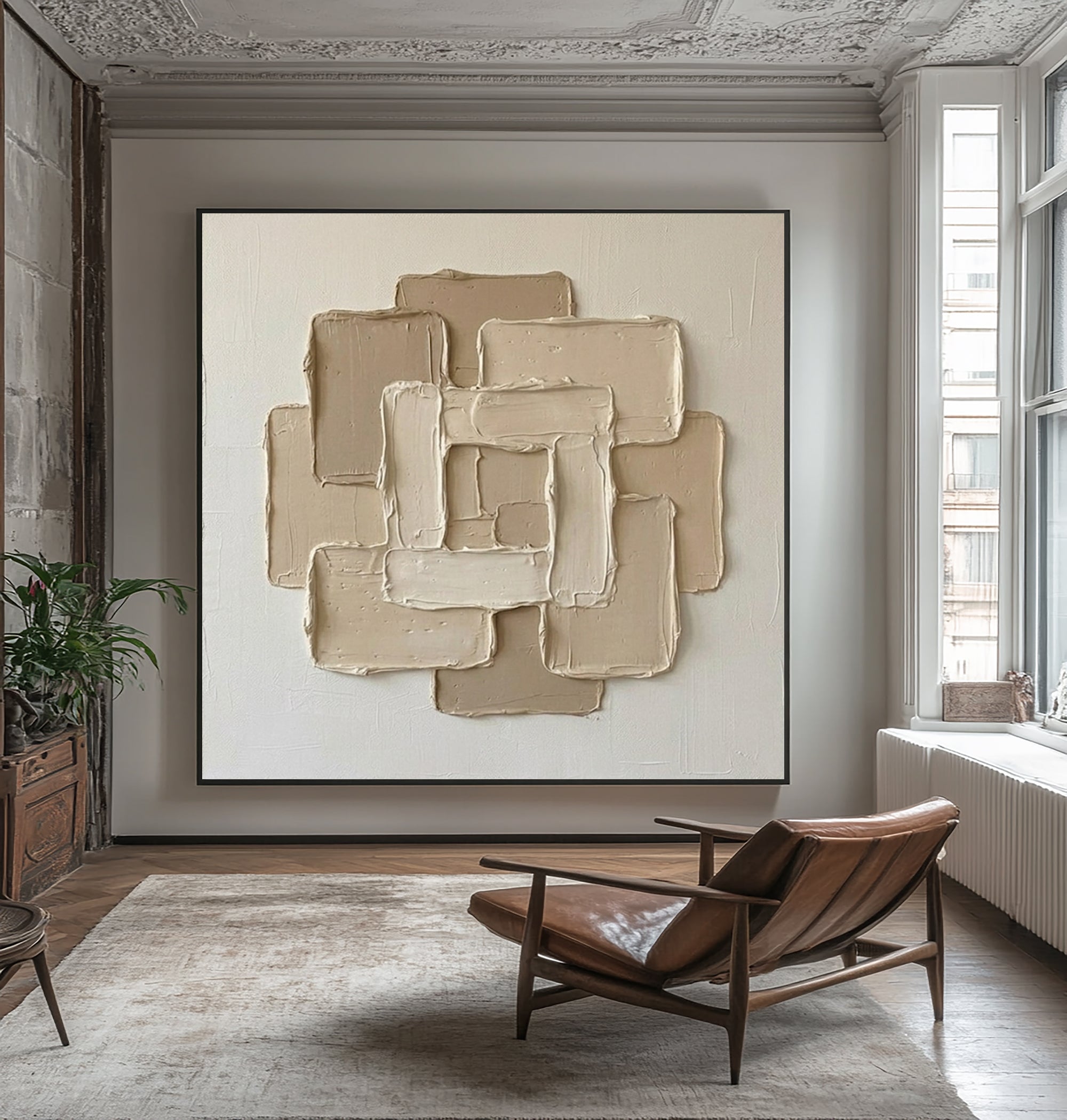 Large Geometric Relief Oil Painting – Neutral Contemporary Canvas Art