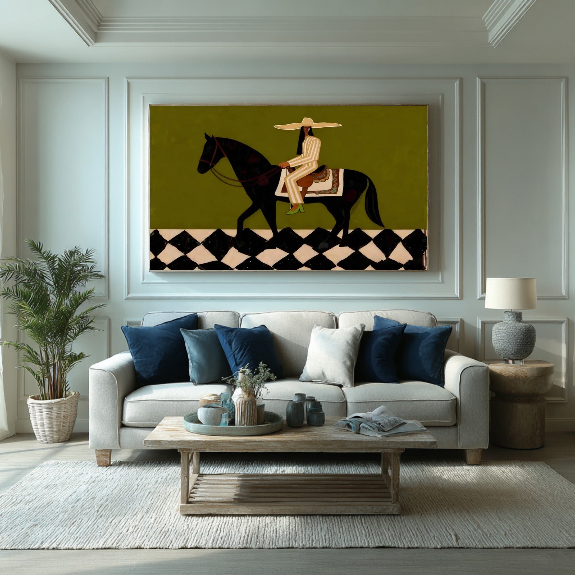 Large Modern Equestrian Wall Art Black Horse and Rider Painting | KeiraArt