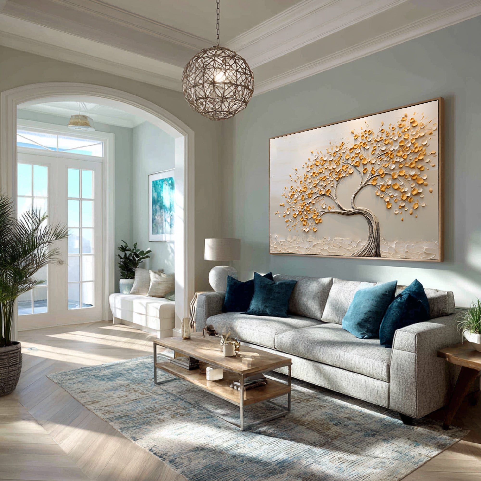 Neutral Tone Tree Artwork Hand Painted Gold Accents #AG 093