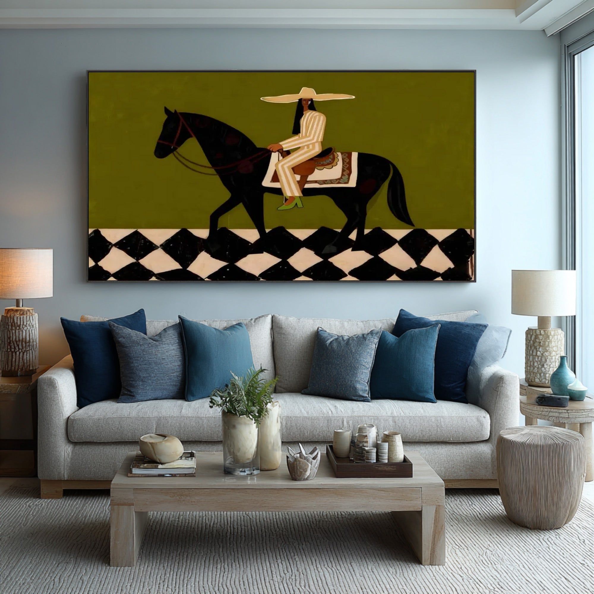 Large Modern Equestrian Wall Art Black Horse and Rider Painting | KeiraArt