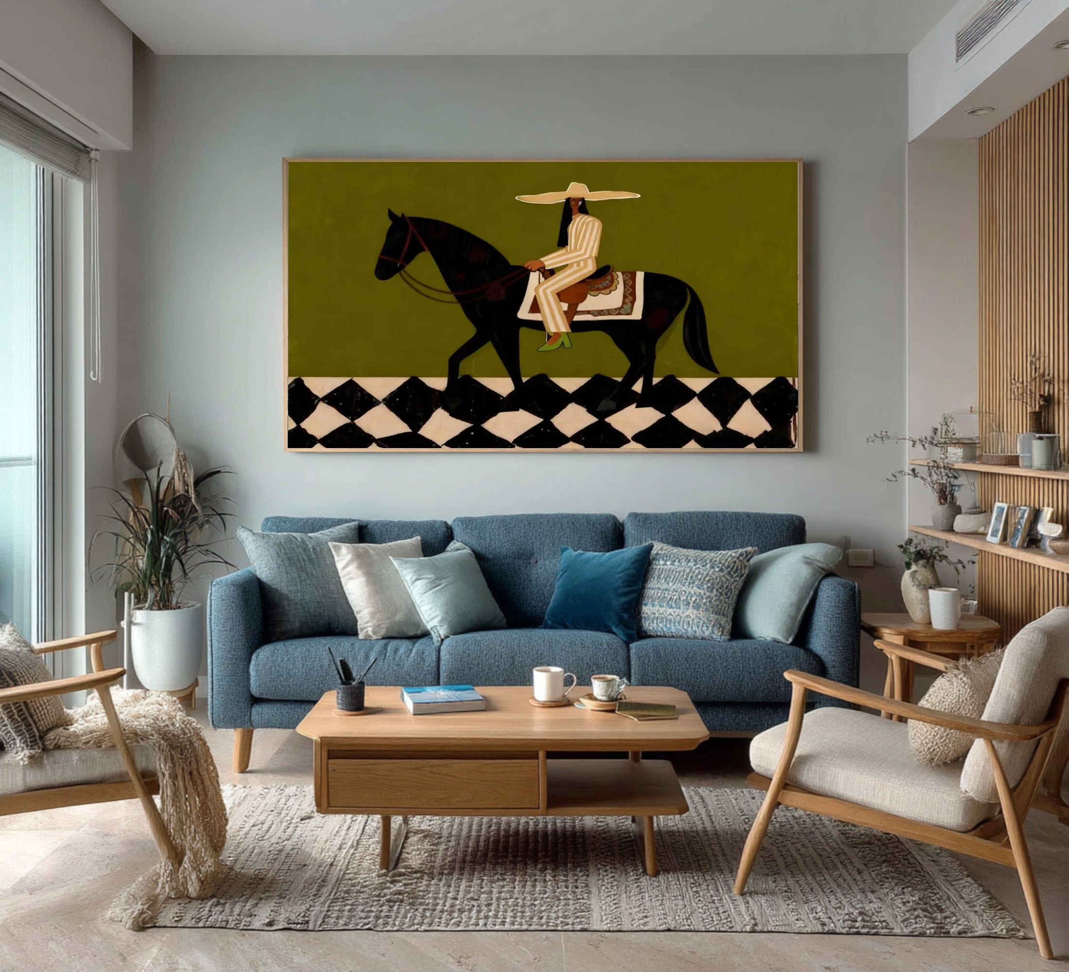 Large Modern Equestrian Wall Art Black Horse and Rider Painting | KeiraArt