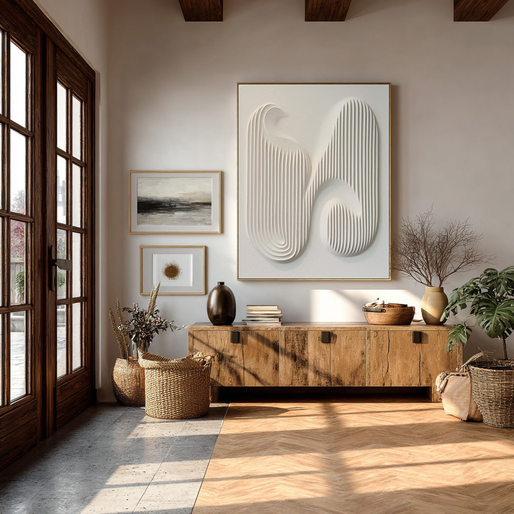 Minimalist Beige Relief Sculpture Geometric Wall Decor #AG 083