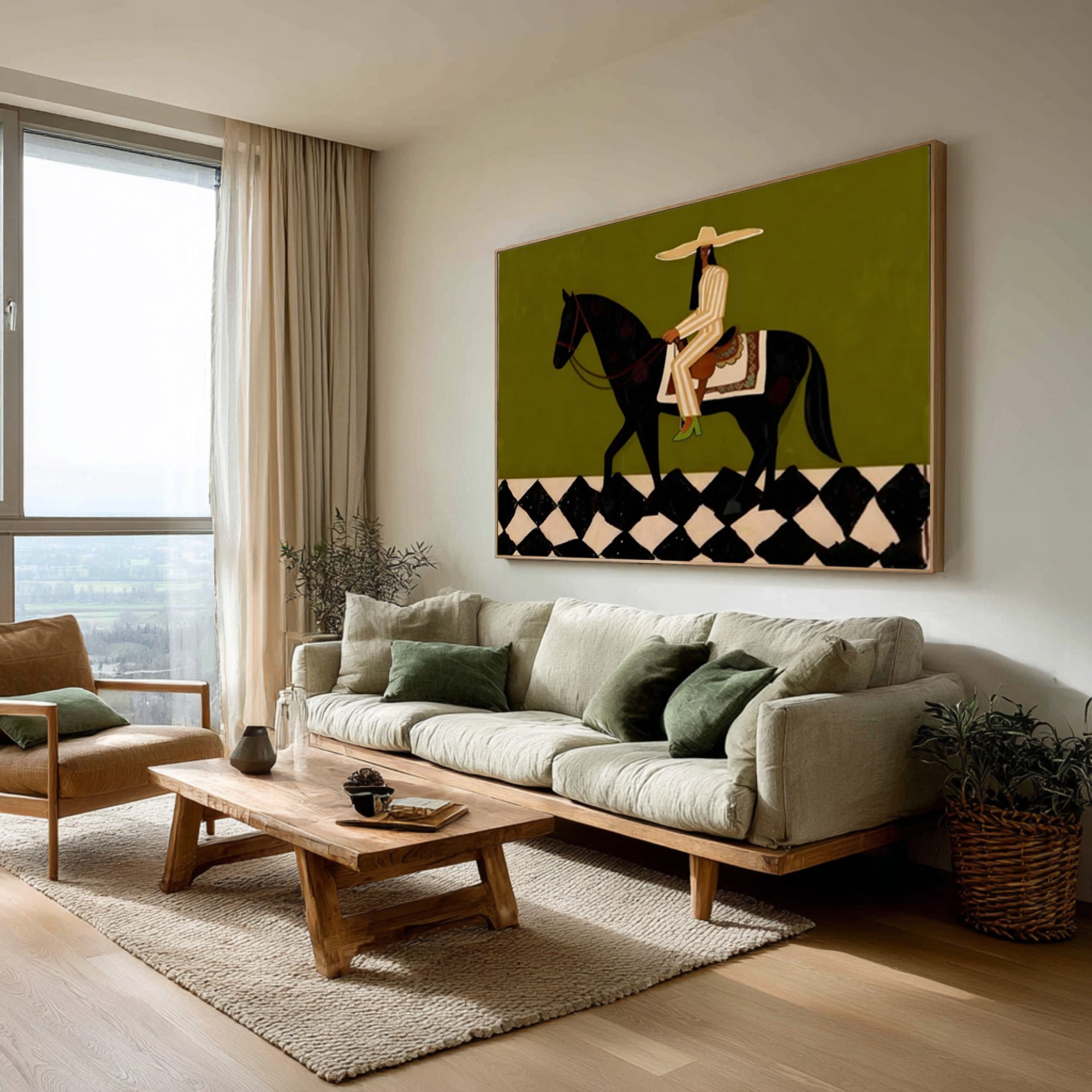 Large Modern Equestrian Wall Art Black Horse and Rider Painting | KeiraArt