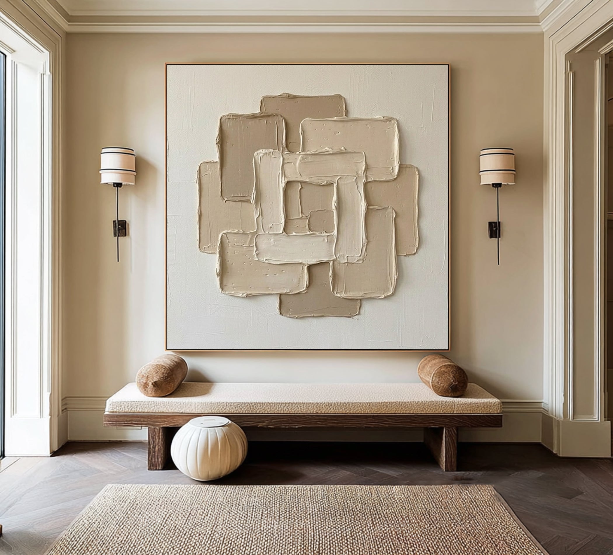Large Geometric Relief Oil Painting – Neutral Contemporary Canvas Art