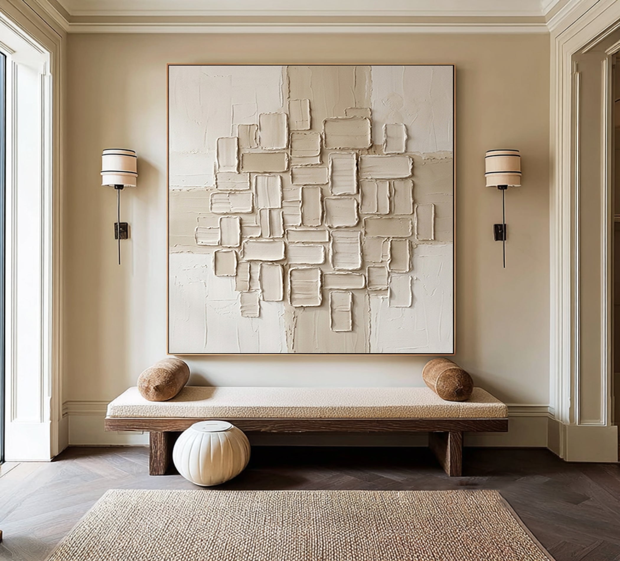 Large Architectural Tile Relief Wall Art Neutral Contemporary Textured Canvas Painting