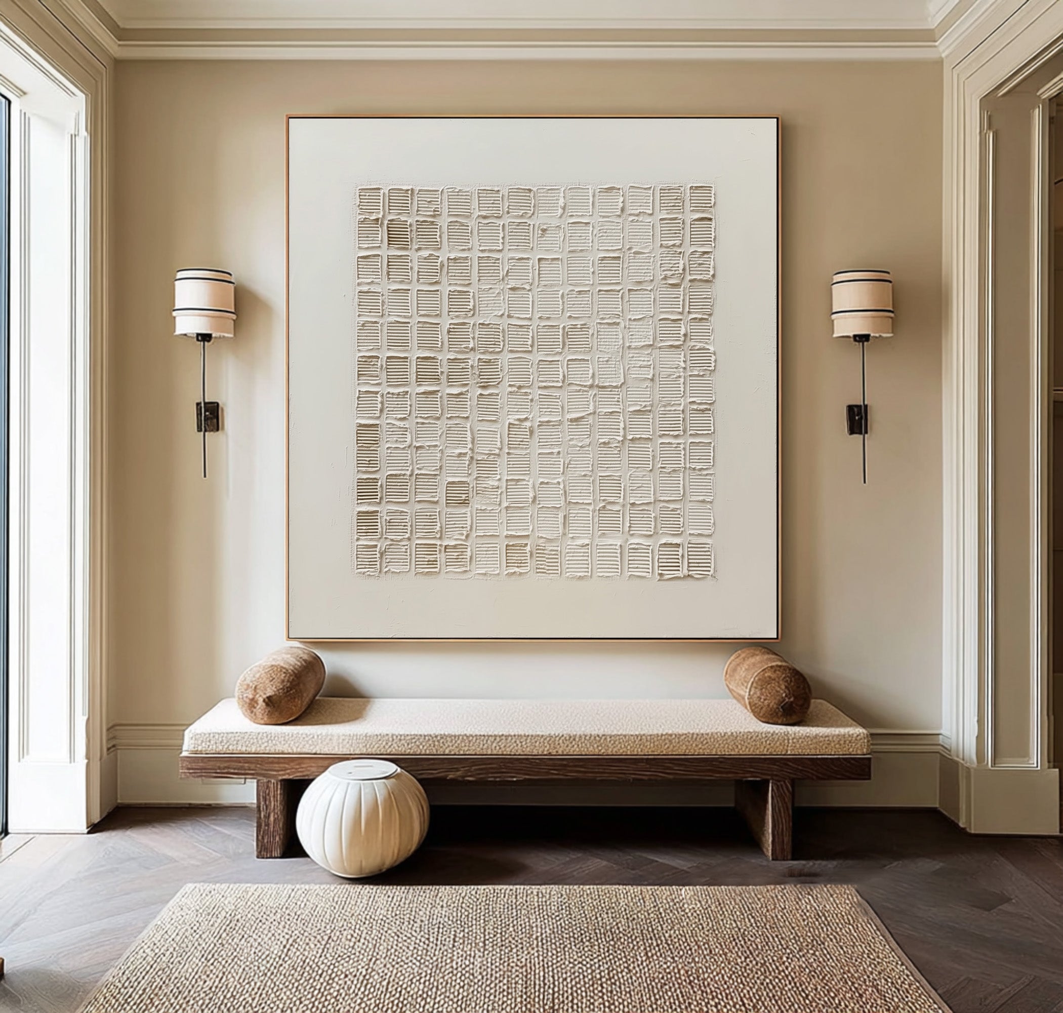 Large Textured Grid Art - Minimalist White Abstract #AG 058