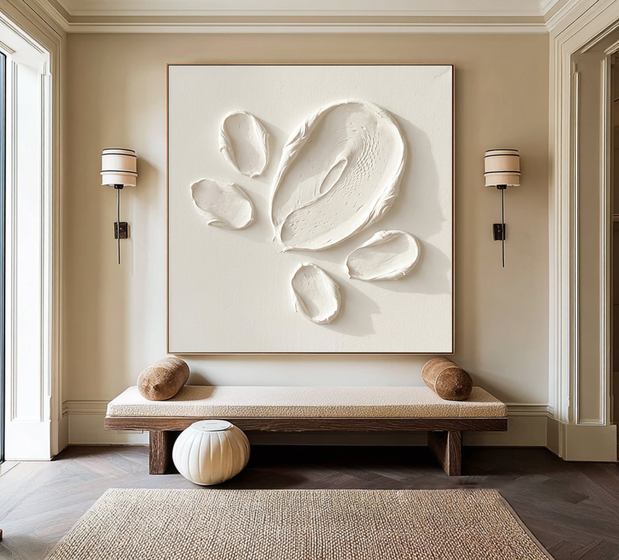 Large Contemporary Textured Oil Painting in Neutral White for Modern Home Decor 