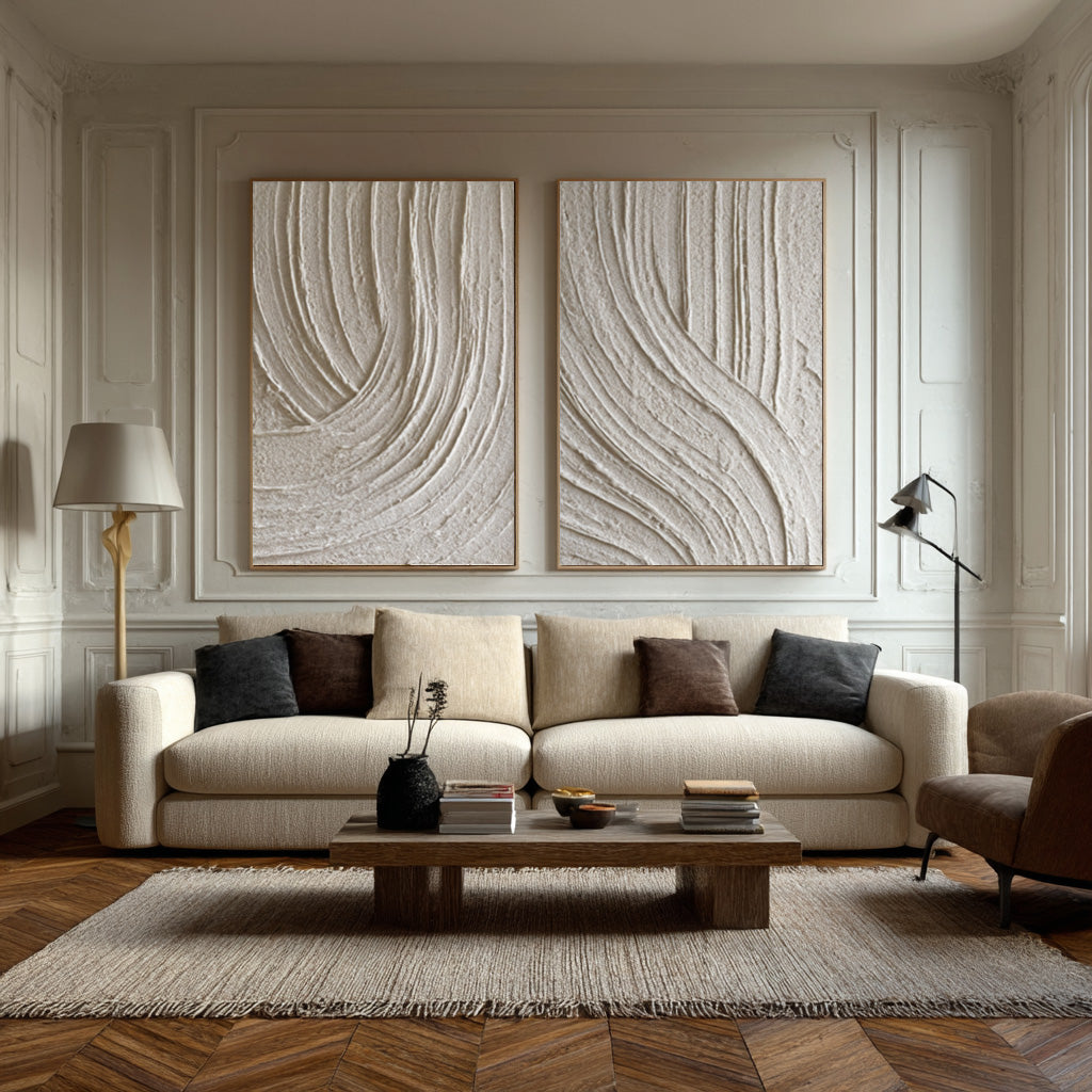 Oversized Beige Abstract Wall Art Panels Set Of 2 #AG 012