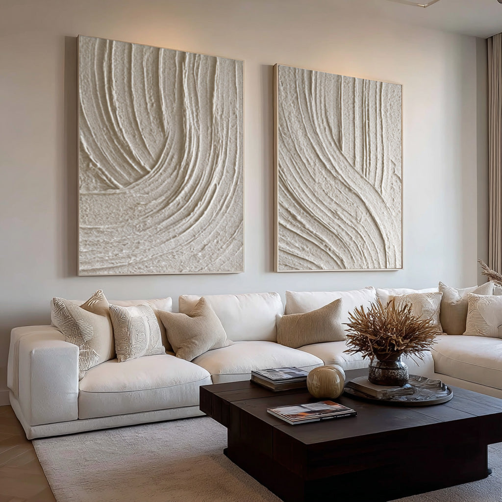 Oversized Beige Abstract Wall Art Panels Set Of 2 #AG 012