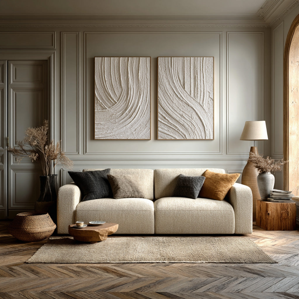 Oversized Beige Abstract Wall Art Panels Set Of 2 #AG 012