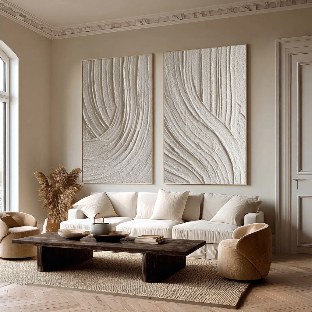 Oversized Beige Abstract Wall Art Panels Set Of 2 #AG 012