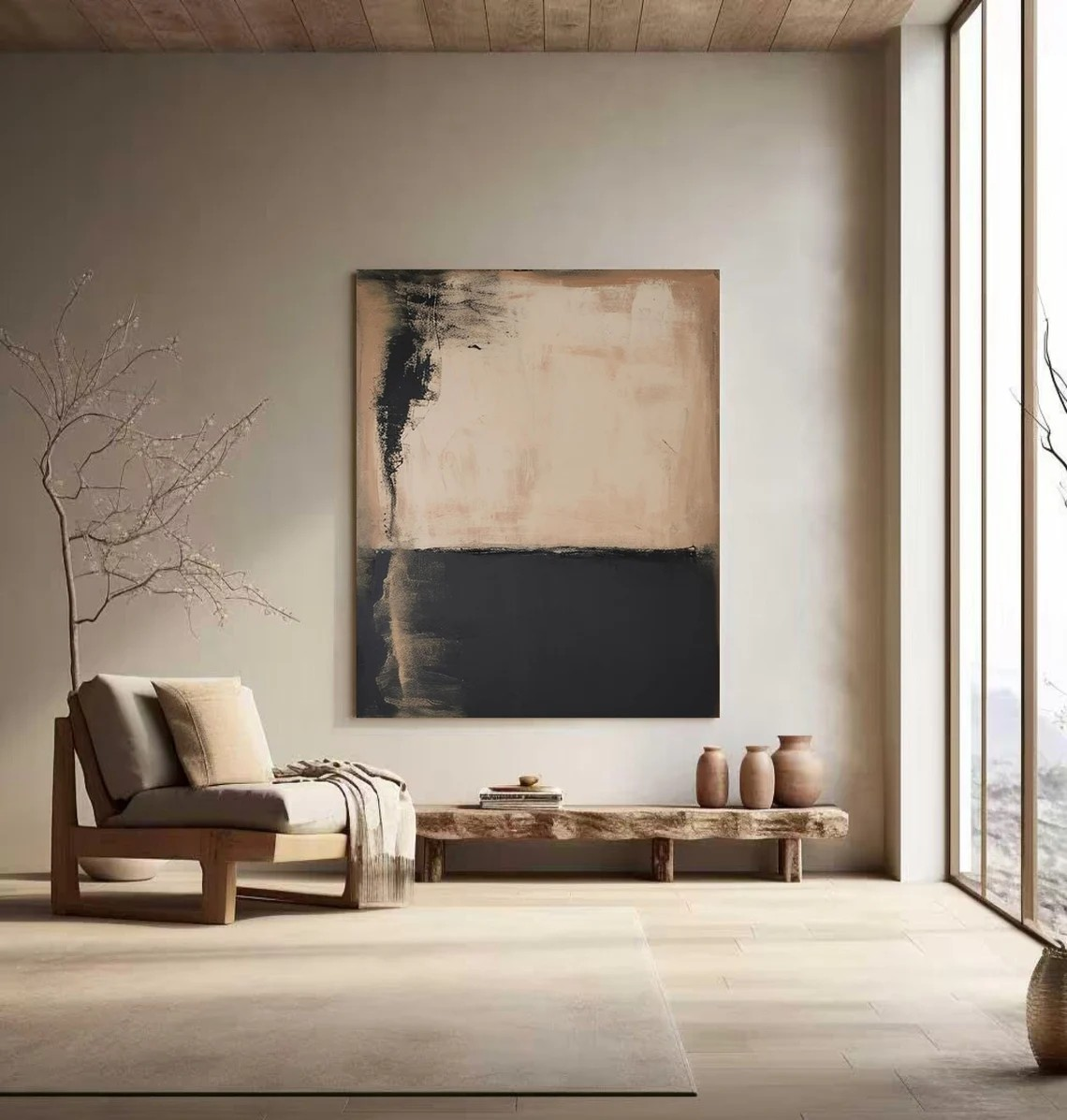 Minimalist Beige & Black Abstract - Large Canvas Art #AP 117