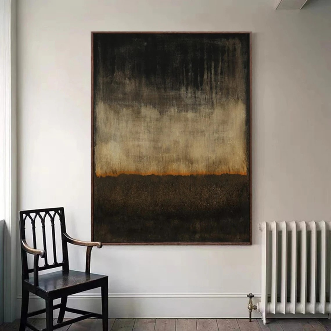 Vertical Beige Abstract Painting - Black & Orange Art #AP 120