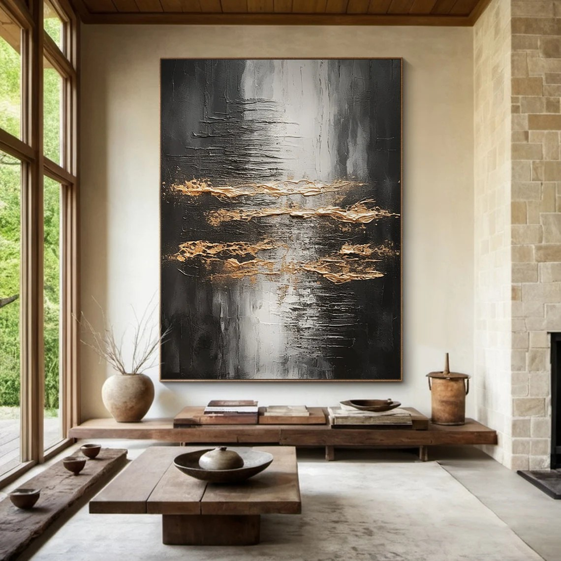 Large Metallic Gold & Black Abstract Wall Art #AP 102