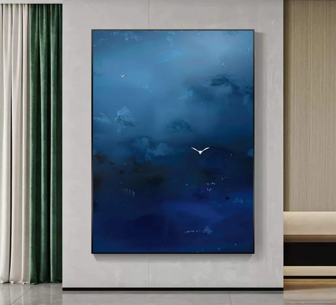 Abstract Sky Canvas Art Deep Blue Wall Decor with Birds #AP 076