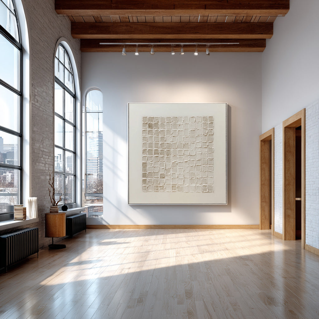 Large Textured Grid Art - Minimalist White Abstract #AG 058