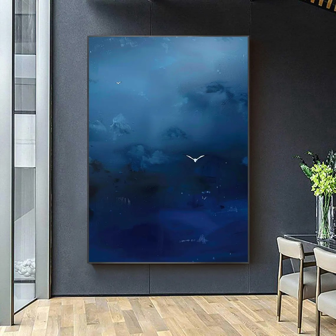 Abstract Sky Canvas Art Deep Blue Wall Decor with Birds #AP 076