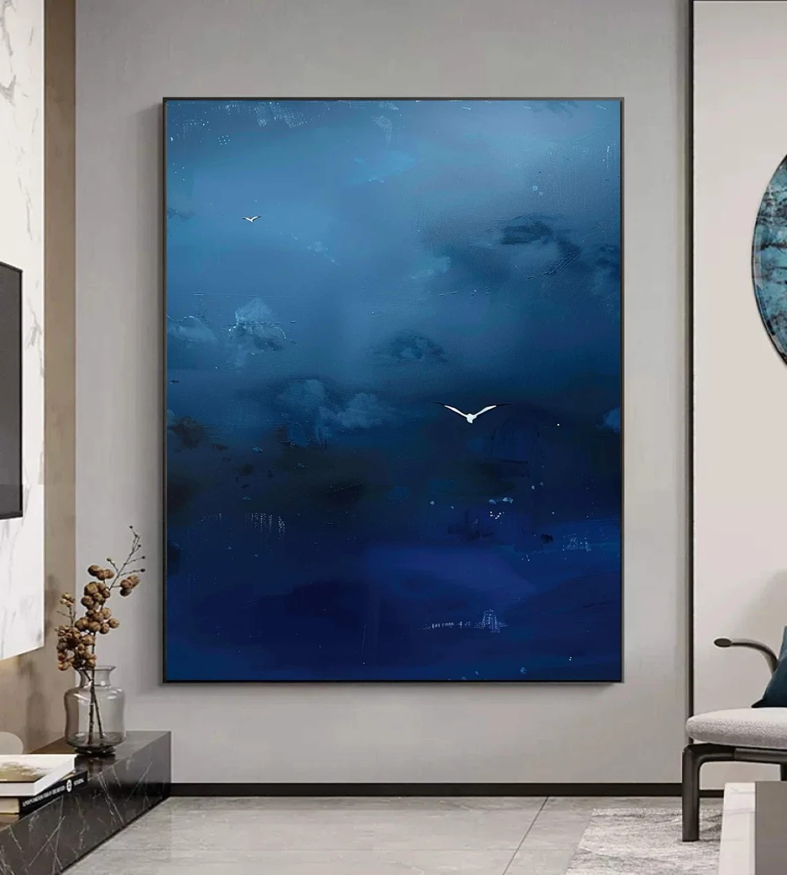 Abstract Sky Canvas Art Deep Blue Wall Decor with Birds #AP 076