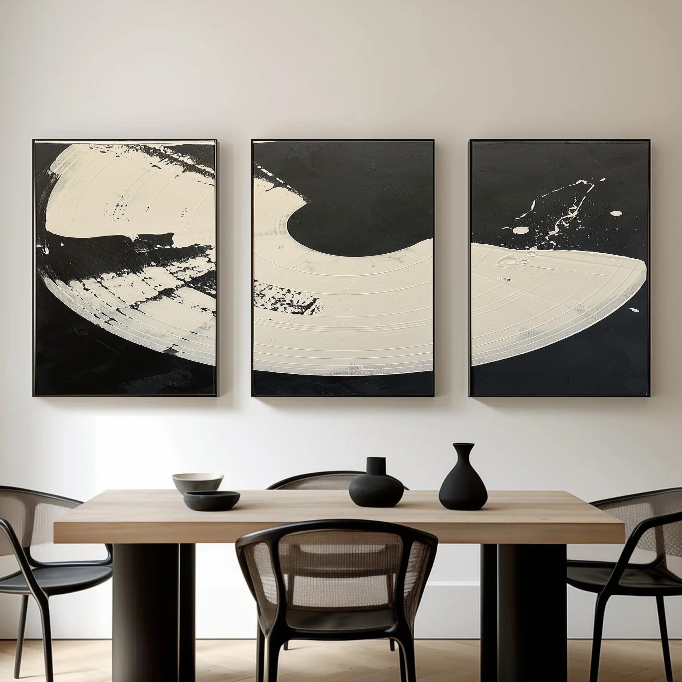 Lunar Phases Abstract Black and White Triptych Canvas Art #MMAS 064