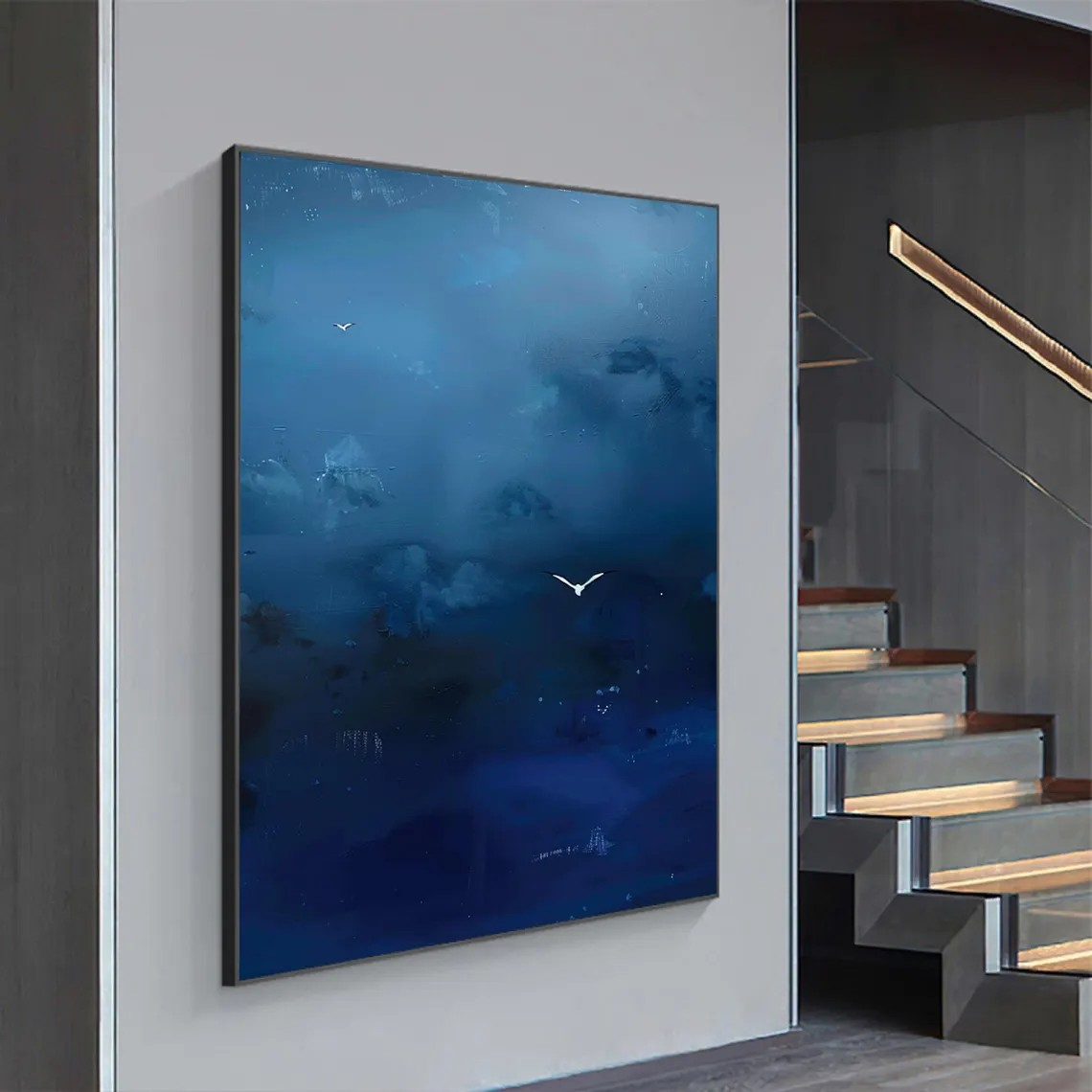 Abstract Sky Canvas Art Deep Blue Wall Decor with Birds #AP 076