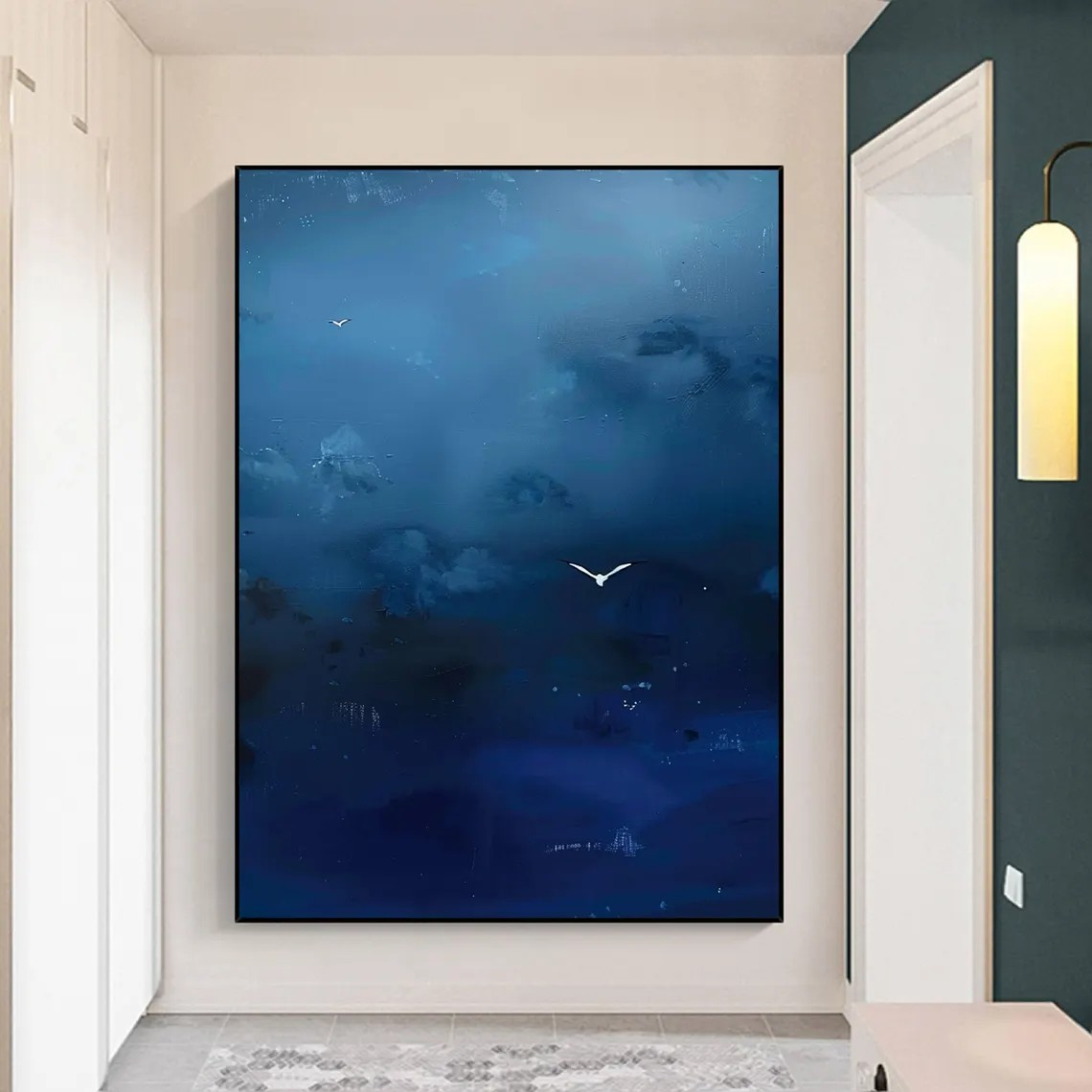 Abstract Sky Canvas Art Deep Blue Wall Decor with Birds #AP 076