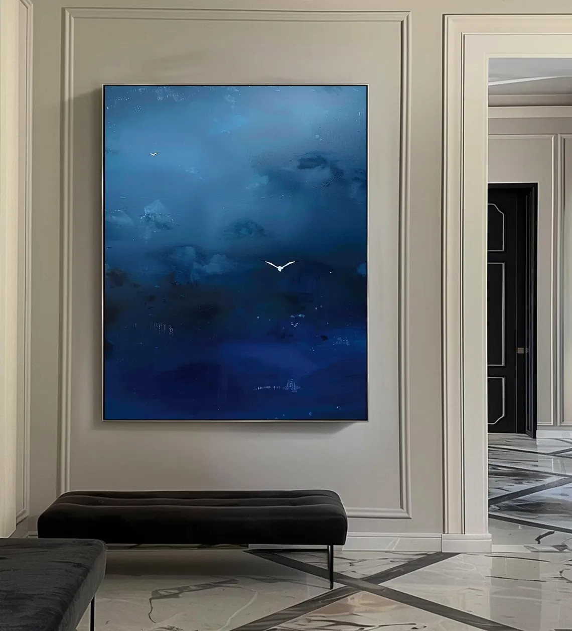 Abstract Sky Canvas Art Deep Blue Wall Decor with Birds #AP 076